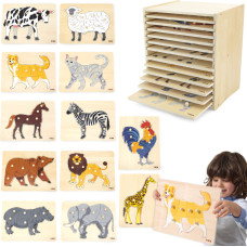 Viga Toys VIGA Wooden Puzzle Set of 12 Montessori Animals Puzzles + Stand
