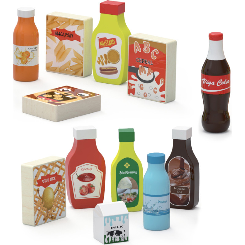 Viga Toys VIGA koka uzkodu un dzērienu komplekts, kurā ir 12 pārtikas preces