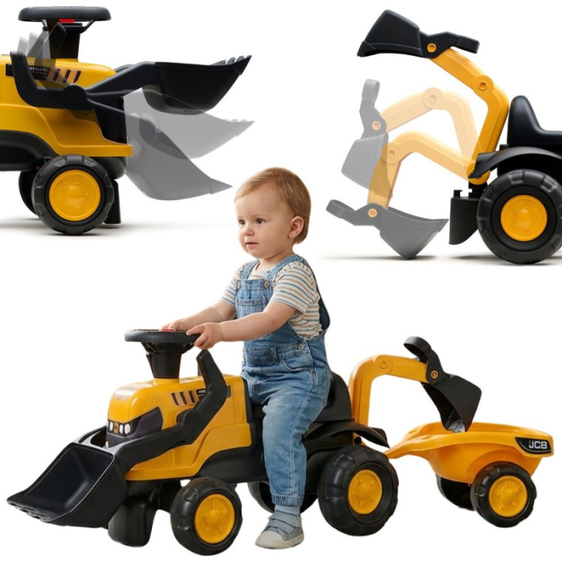 Falk Ride-on JCB Tractor with Trailer, Rake and Shovel, Silent Wheels, 1-3 Years