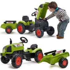 Falk Claas Zaļais traktors ar pedāļiem, signāltaure, piekabe uz 2 gadiem.