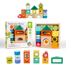 Classic World Koka sensorie bloki 7 Funkcijas Daudzfunkcionālas puzles formas Sound MONTESSORI 14 gab.