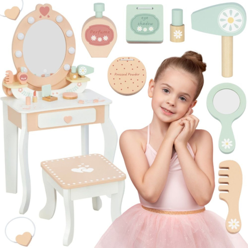 Tooky Toy Drewniana Toaletka z Krzesełkiem Akcesoria Lustro z Oświetleniem LED + Kosmetyki