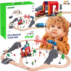 Tooky Toy Drewniana Kolejka Elektryczna Straż Pożarna Efekty Dźwiękowe 70 el. FSC