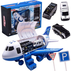 Woopie Samolot Rozkładany Transporter Policja z 3 Autami Policyjnymi Zestaw XL Znaki Drogowe