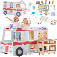 Viga Toys VIGA Lielais koka ātrās palīdzības komplekts Ātrās palīdzības mašīna mazajiem glābējiem Piederumi 25 gab.