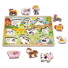 Tooky Toy Wooden Montessori Farm Puzzle with Matching Pins