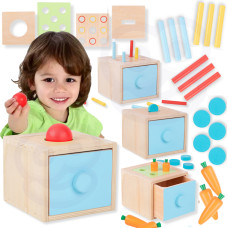 Tooky Toy Wooden Educational Cube Drawer Box Montessori Sorter Learning Colors 4in1 3 pcs.