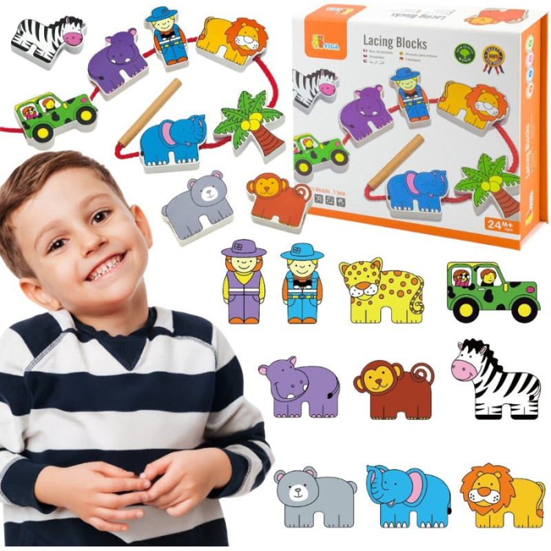 Viga Toys VIGA Wooden Threading Game Intertwining Blocks Safari ZOO Montessori