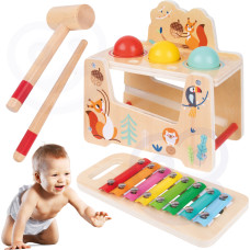 Tooky Toy Koka štancēšanas spēle 2in1 mūzikas instrumentu dzīvnieki ar šķīvjiem vāvere