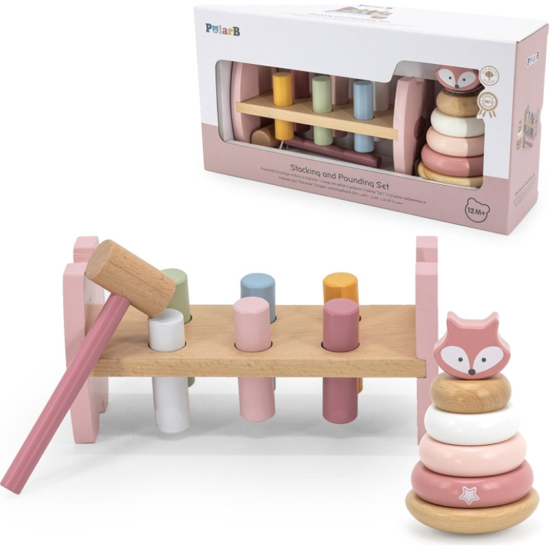 Viga Toys VIGA PolarB Set Wooden Pyramid + Punch with Hammer Fox Montessori