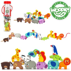 Woopie GREEN Wooden Stringing Blocks Animals Safari ZOO 13 pcs.