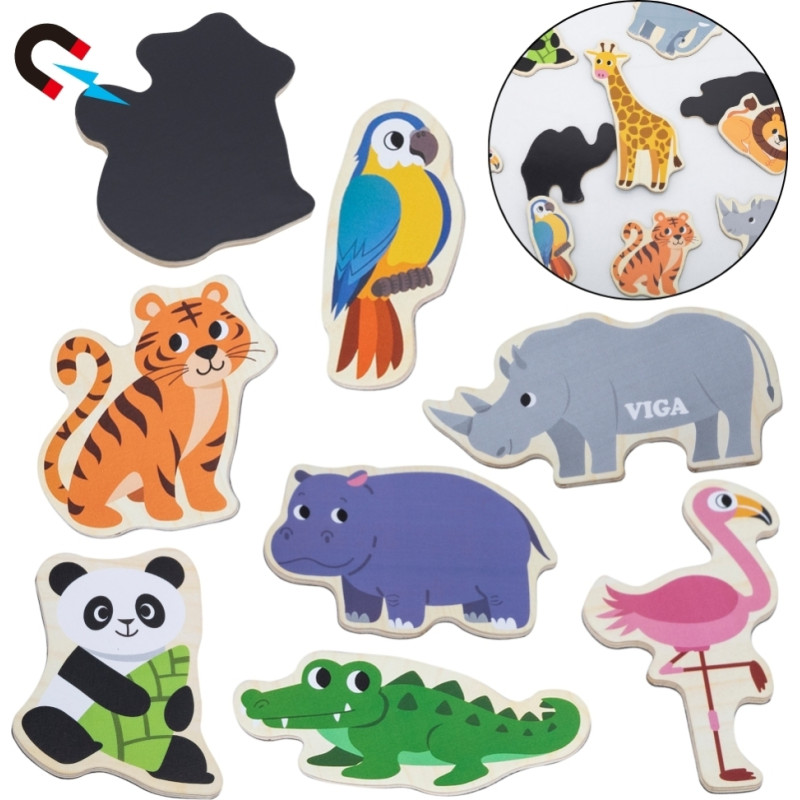 Viga Toys VIGA Drewniane Magnesy Dzikie Zwierzęta – Kolorowe Magnesy Edukacyjne 18M+