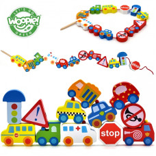 Woopie GREEN Wooden Blocks for Threading Vehicles Cars 13 pcs.