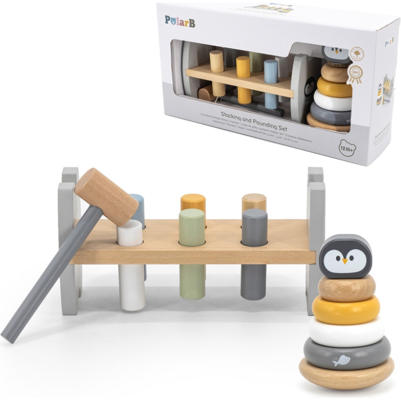 Viga Toys Набор VIGA PolarB Деревянная пирамидка + пробойник с молотком Пингвин Монтессори