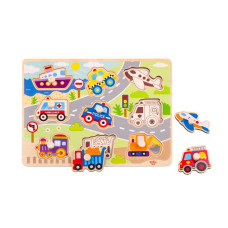 Tooky Toy Koka Montessori transporta transportlīdzekļu puzle ar atbilstošām tapām
